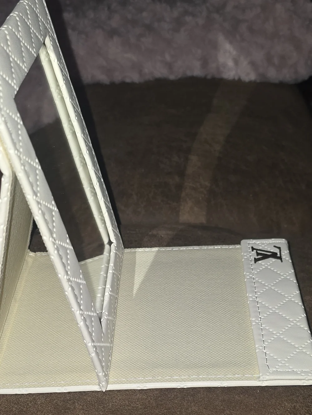 Custom Upcycled Quilted White Folding Tabletop Makeup Mirror w/ Stand